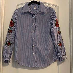 Blue Striped Button Down Shirt with Embroidery